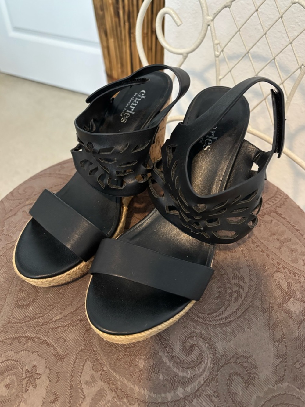 Charles By Charles David Black Leather Espadrille Wedges. Sz 5 - Picture 2 of 8